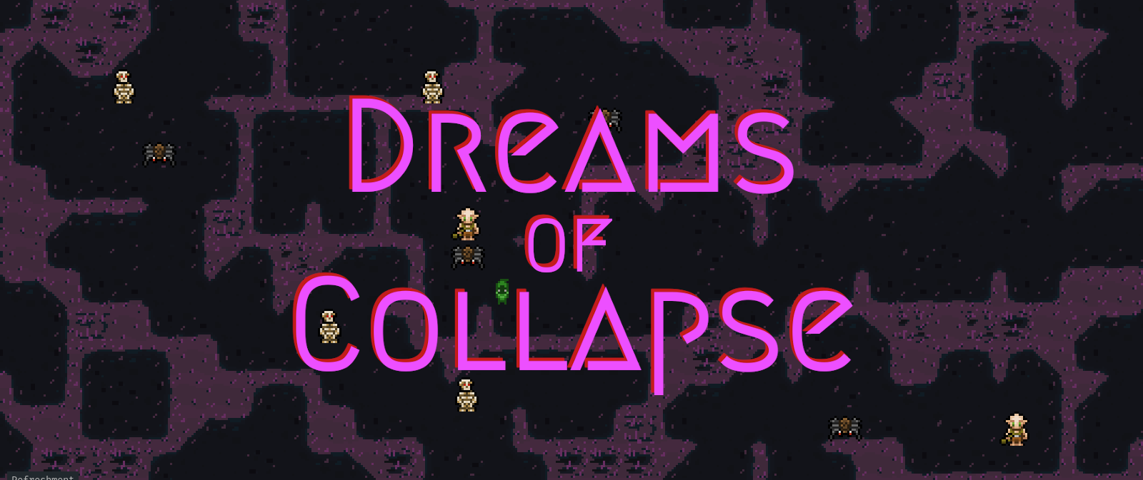Image showing some monsters in some purple 2D caves, with the Dreams of Collapse logo.